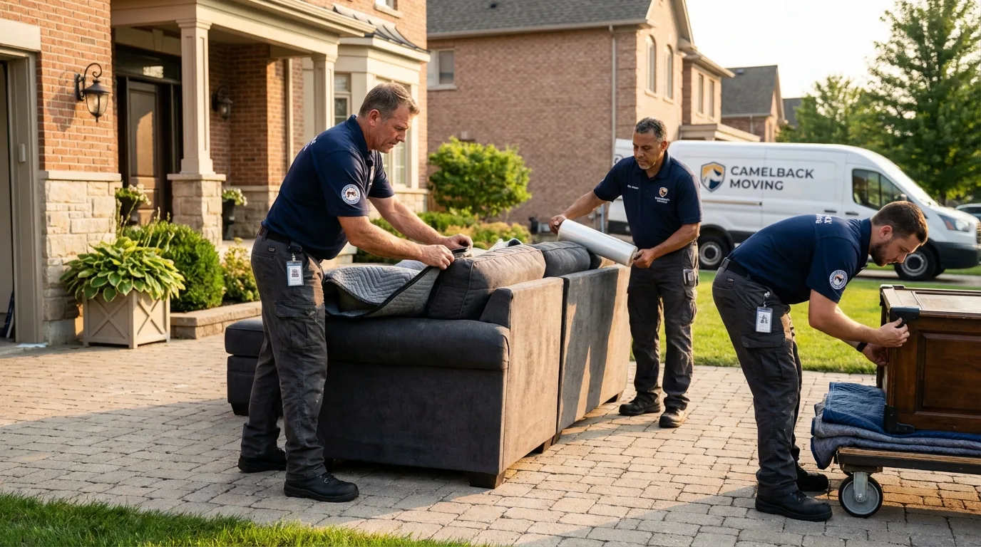 Large estate moving crew wrapping furniture in Concord, MA