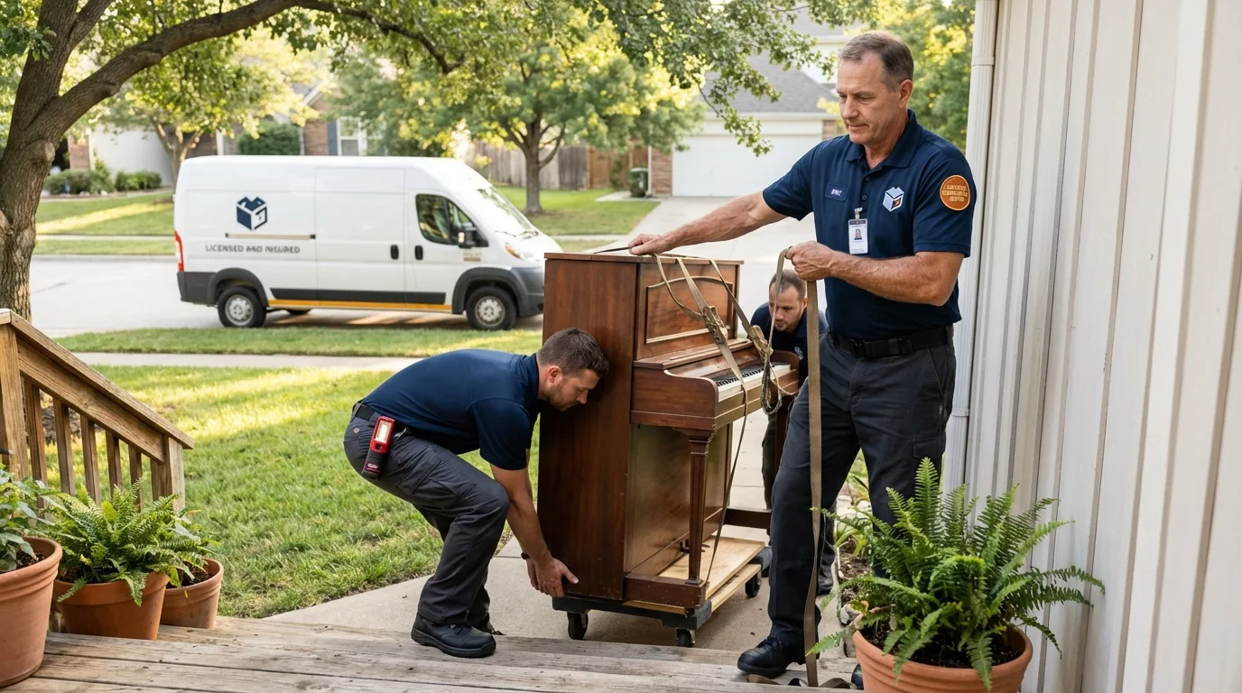 Licensed piano movers securing grand piano in Concord, MA