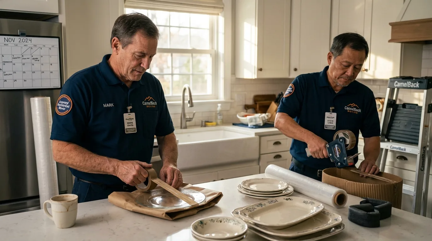 Professional crew packing kitchen dishware in Concord, MA